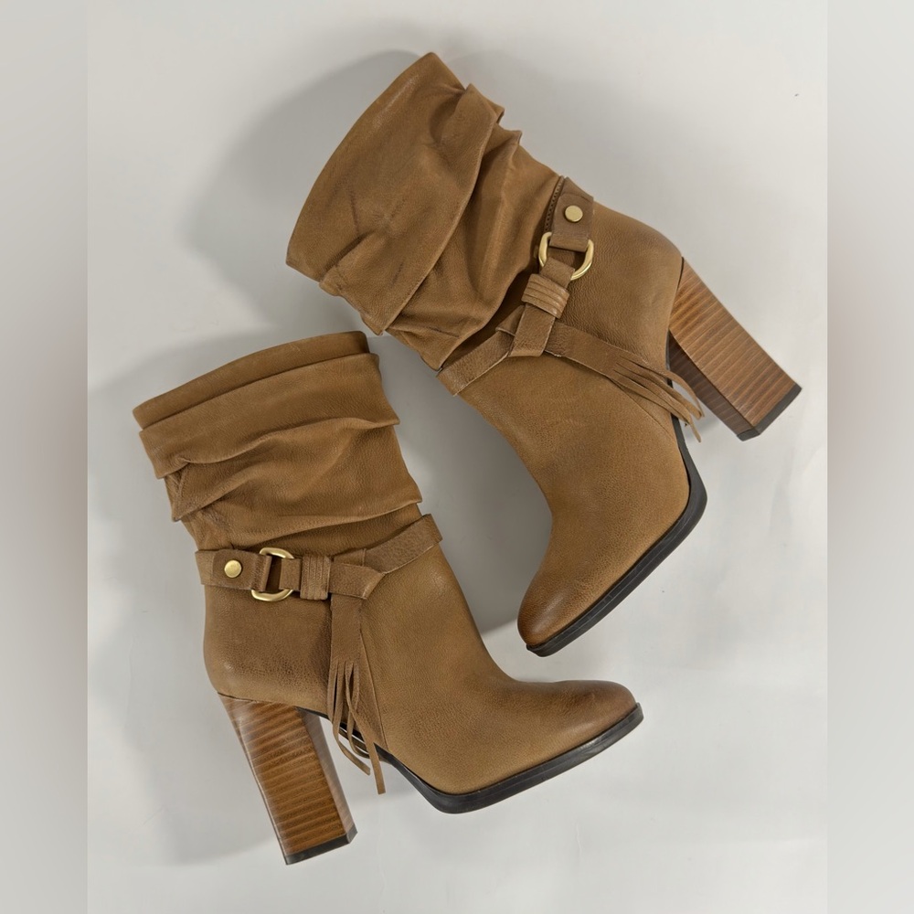 Guess Tamsin Tan Nubuck Leather Western Slouch Ankle Boots Fringe Block Heel 6.5